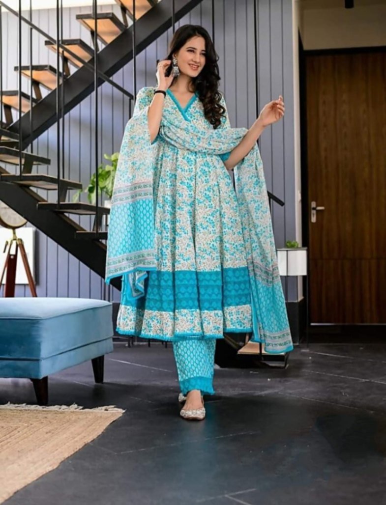 Printed Linen Gown Set-3pPrinted Linen Gown Set-3pc