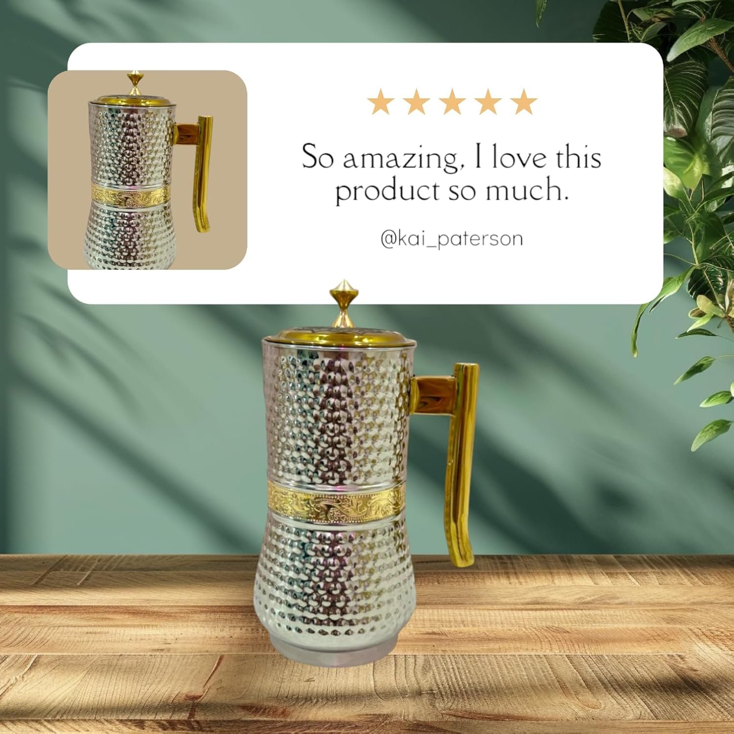 Craft Stainless Steel Water jug Hammer with Brass Plating Handle lid Strip Fancy Design 2Litres