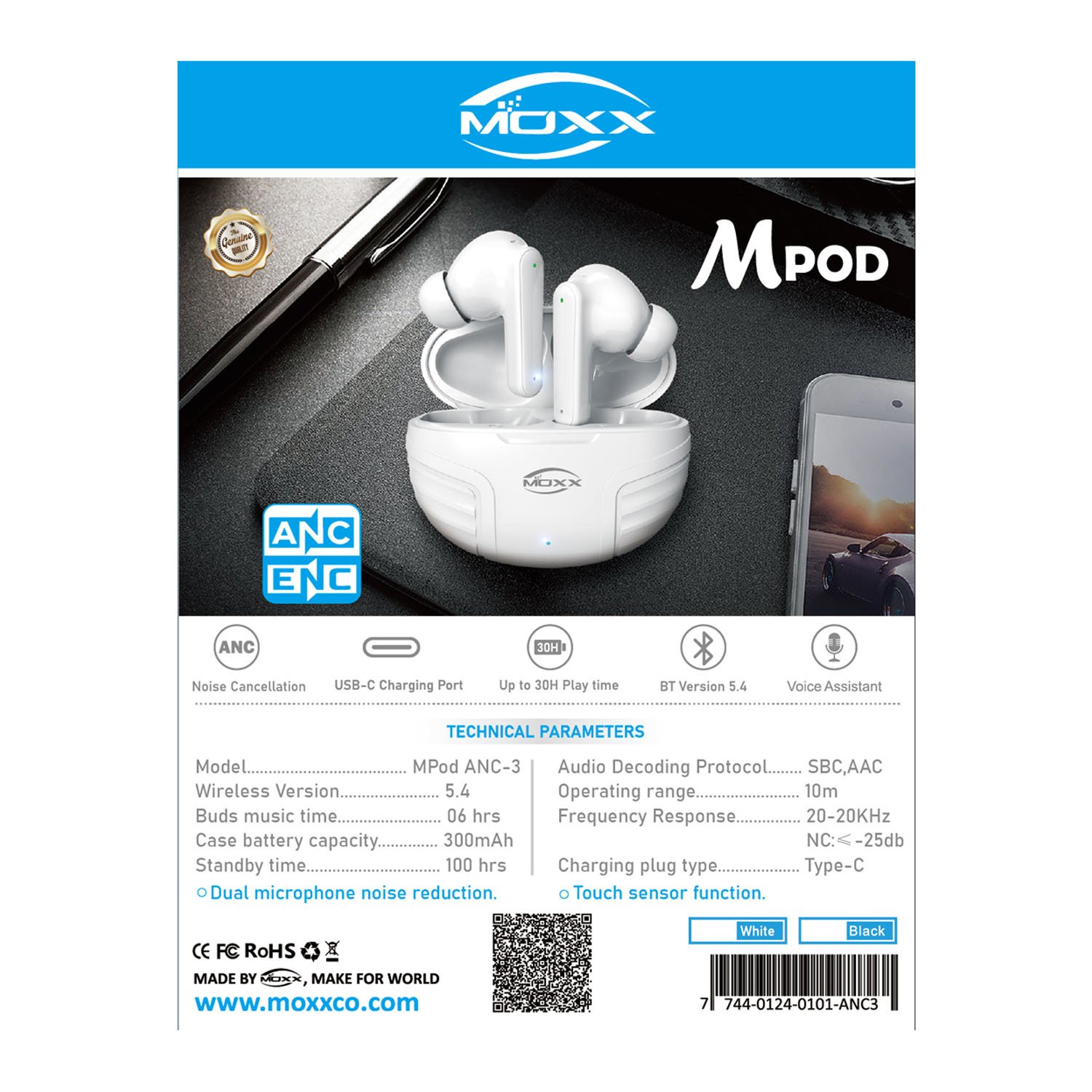 MOXX MPOD ANC & ENC TWS Wireless Earbuds | Environmental Noise Cancellation (ENC) | Active Noise Cancellation (ANC)