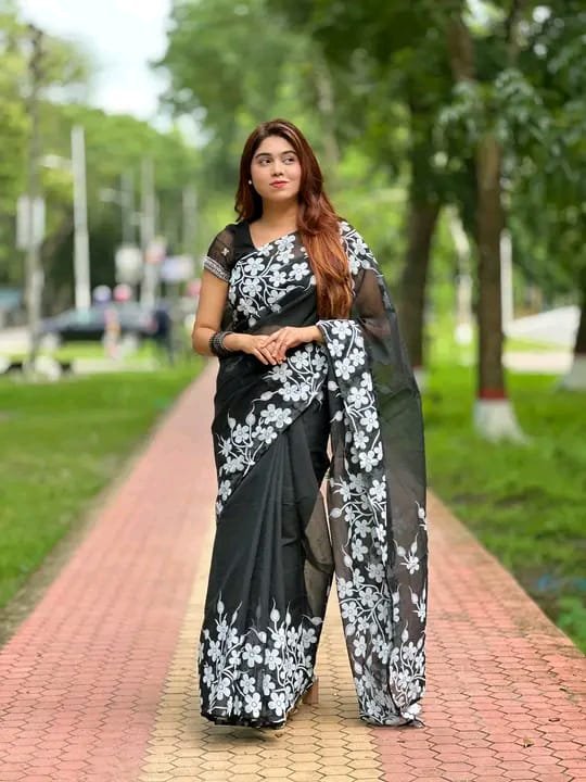 Half silk block print sharee