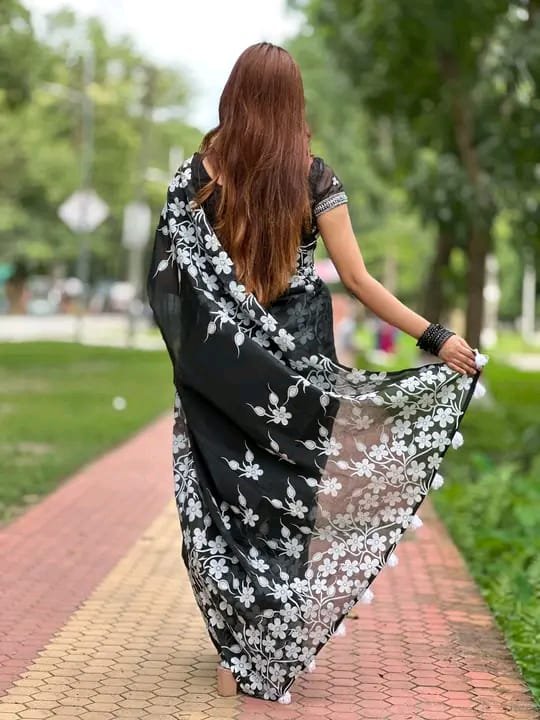 Half silk block print sharee