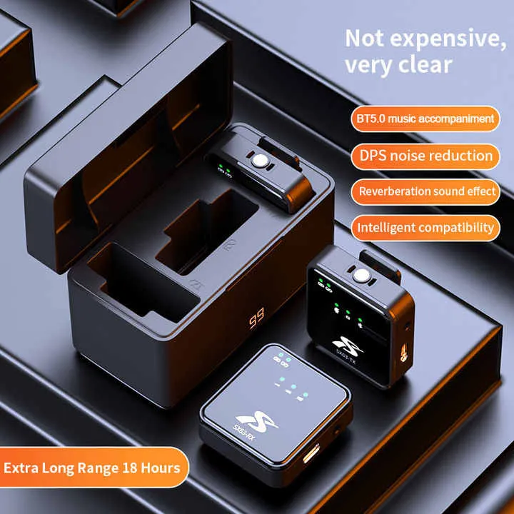 SX63 Wireless Microphone with Charging Case. Type C, iPhone, 3.5mm All in One, Noise Cancelling Collar Wireless Lapel Professional Microphone with Earphone to Listen Live Voice 