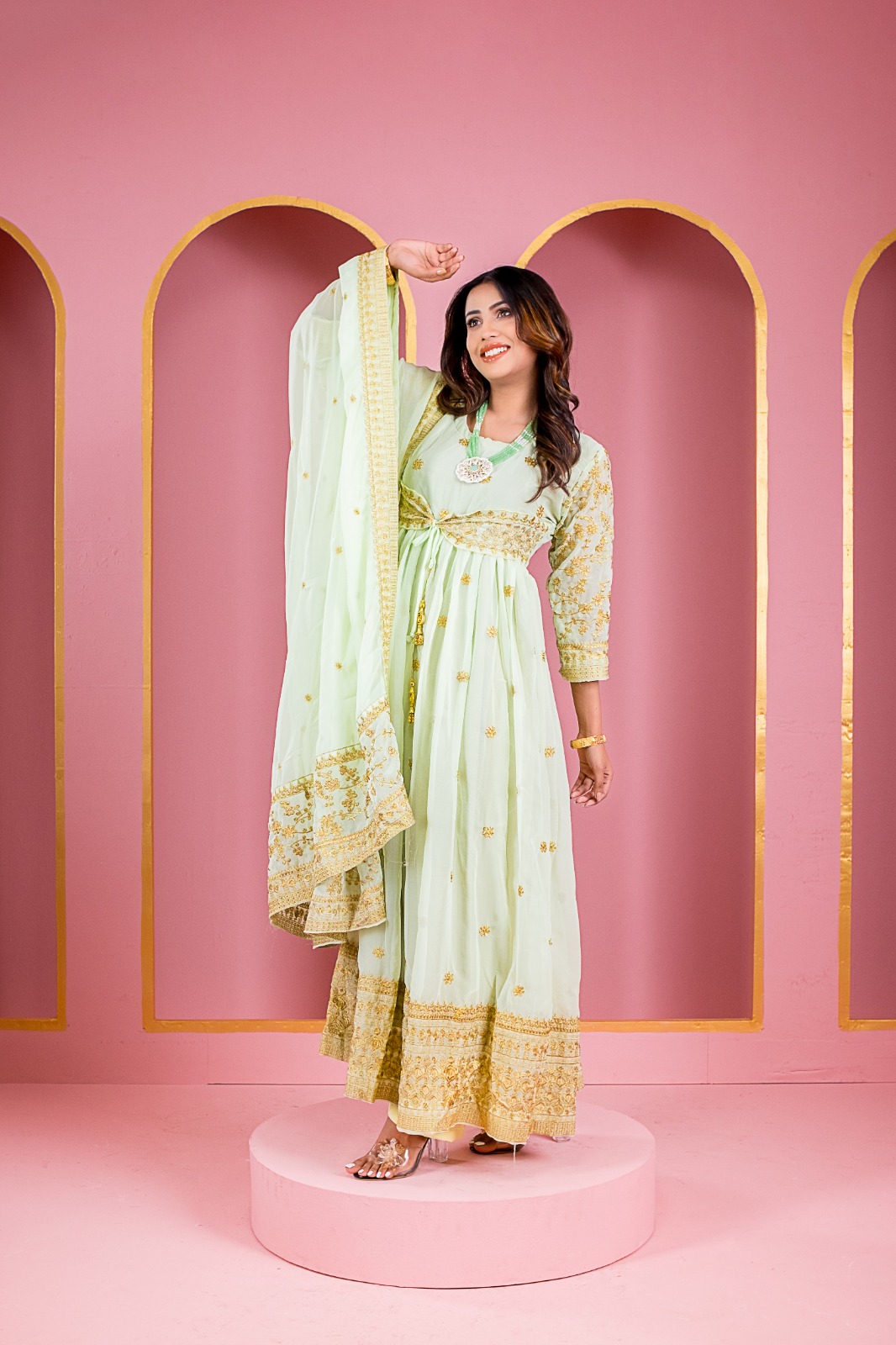 সেমী স্টিচড জর্জেট এমব্রয়ডারি লং ফ্লোর টাচ আনারকলি পার্টি ড্রেস