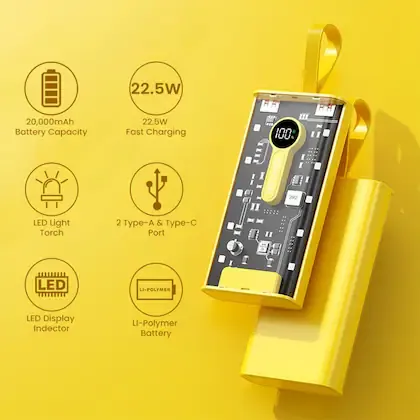 Transparent 66W High-Speed Power Bank – 20000mAh, PD 22W 