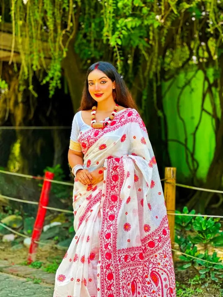 Half silk block print sharee