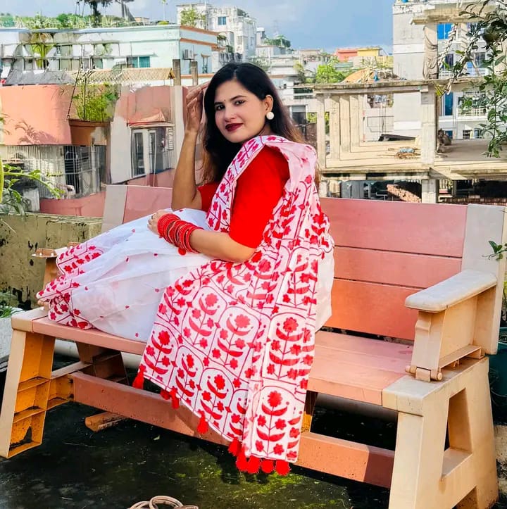 Half silk block print sharee