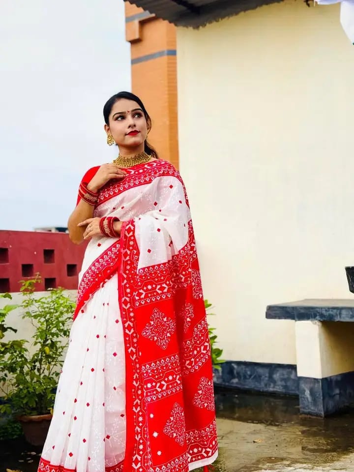 Half silk block print sharee