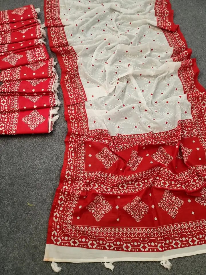 Half silk block print sharee