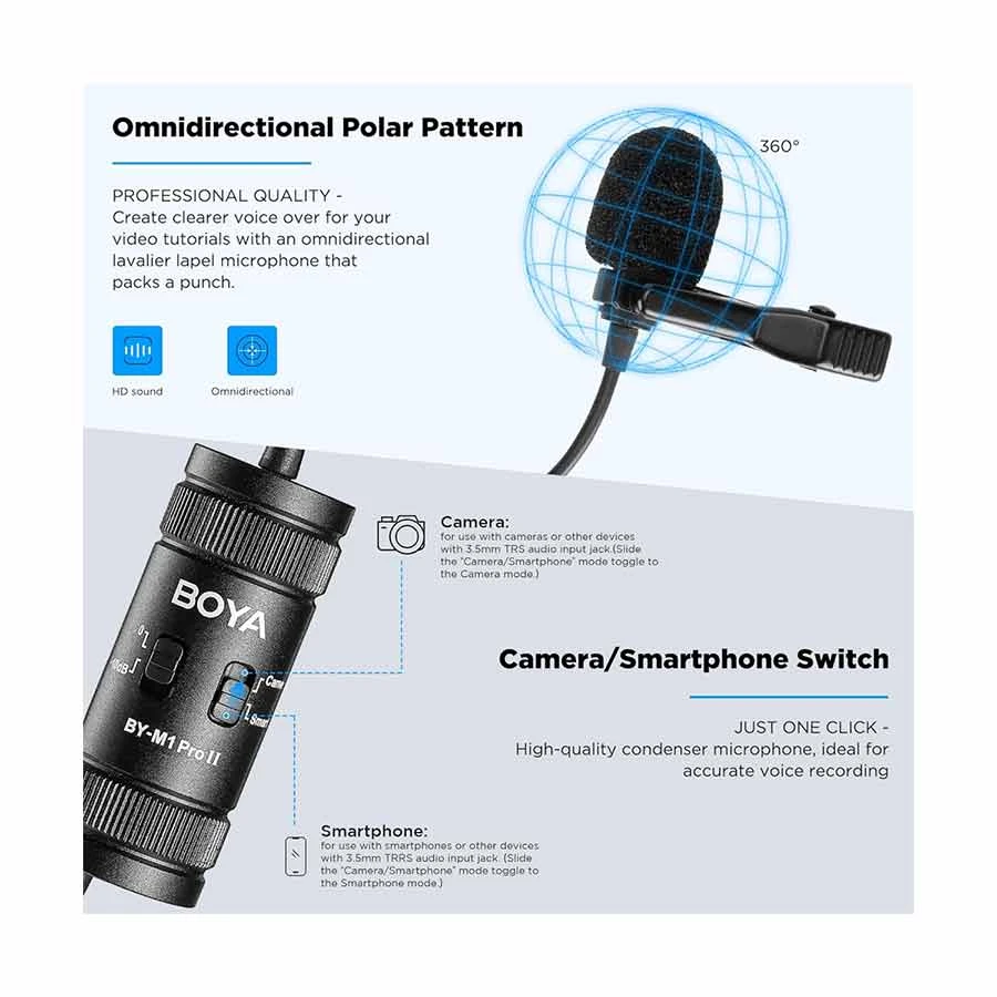 BOYA BY-M1 Pro II Universal Lavalier Microphone- No Need Batteries