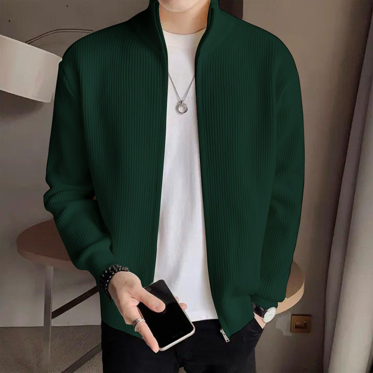Men's Rib jacket  Bottle Green Colour (Full Zipper)