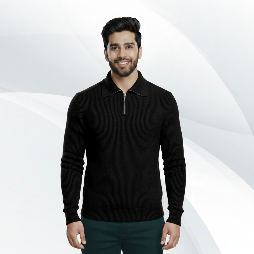 Men's Rib high Neck Sweater Half zipper (Black)